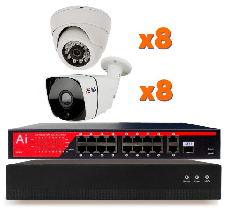 Комплект видеонаблюдения IP 2Мп KIT-B216IP-POE 8 камер для помещения, 8 камер для улицы, ночная съёмка, POE питание