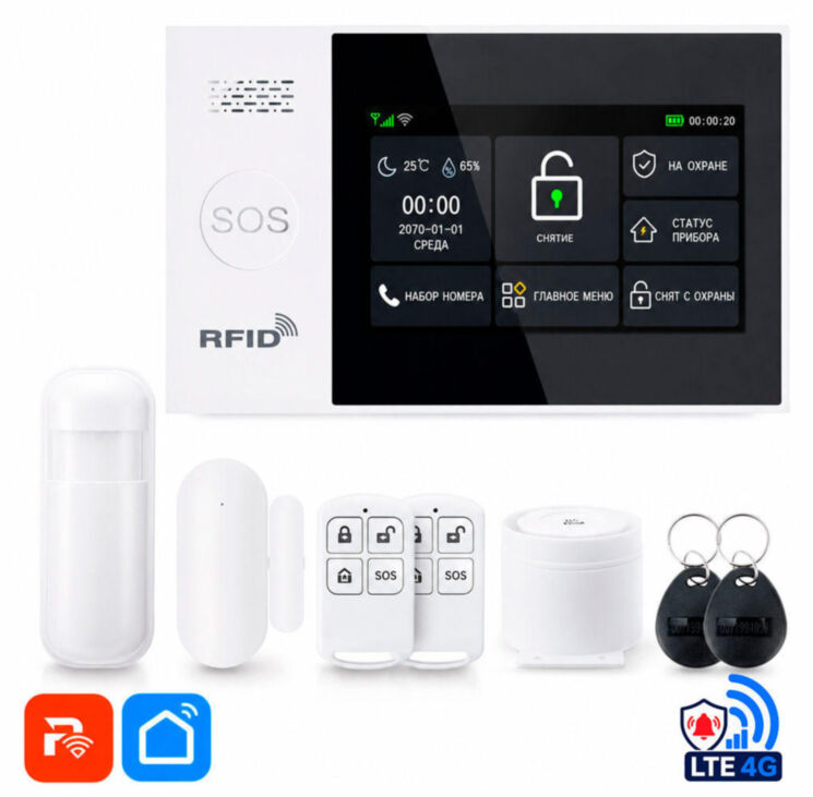 Охранная сигнализация WIFI/GSM PS-WG107-4GEU 4G LTE с сенсорным экраном 4.3", RFID ключами, 4 проводные зоны